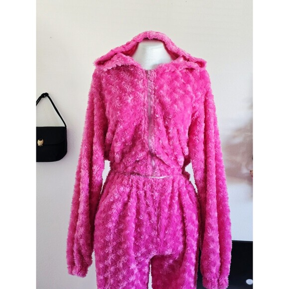 Hot Pink Hooded Crop Sweatershirt And Jogger Set Lounge S - Picture 2 of 6